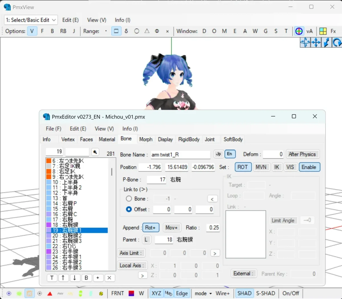 PmxEditor interface and 3D view, image by MmdFr.fr